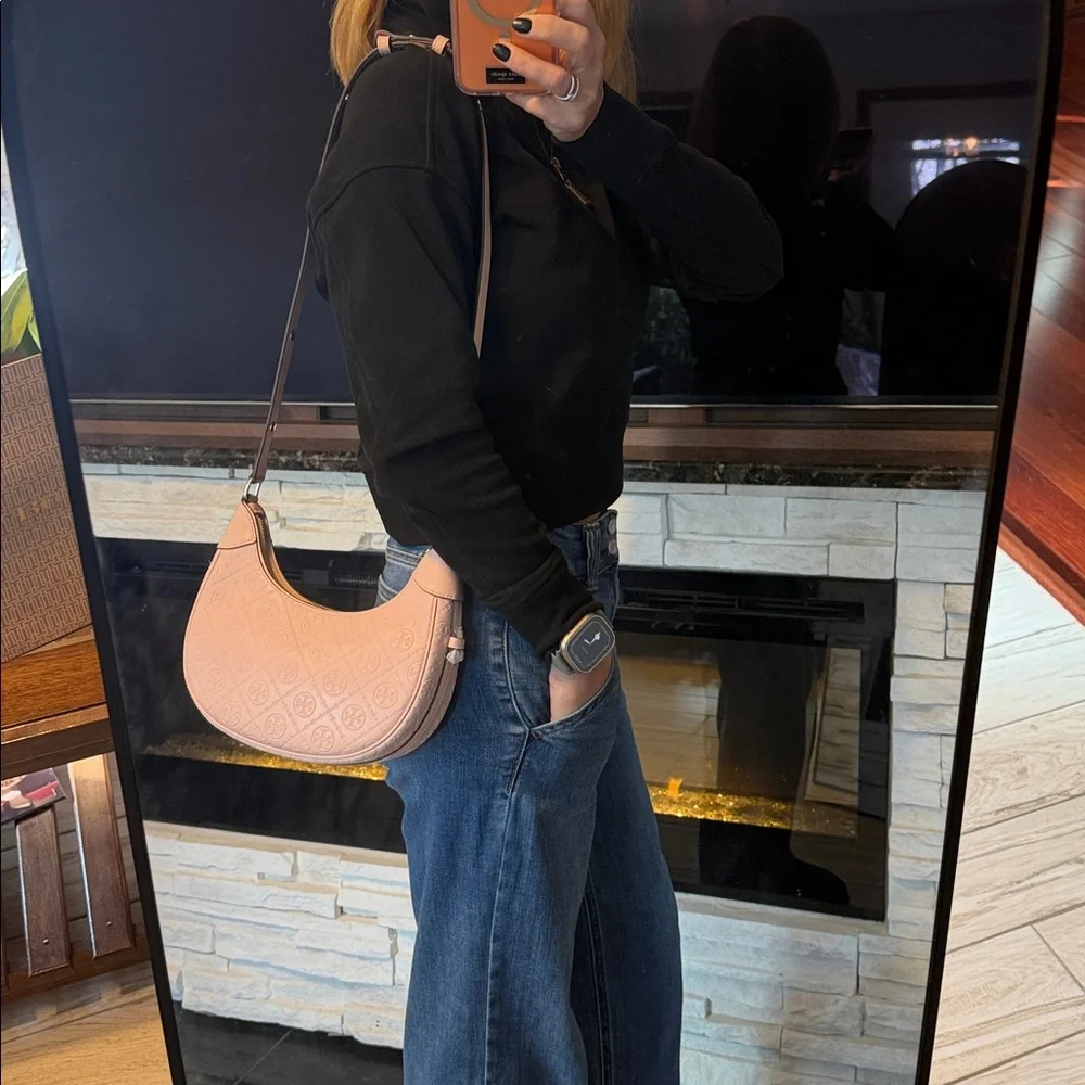 Tory Burch T Monogram Leather Crescent Bag - Blush - Picture 11 of 11